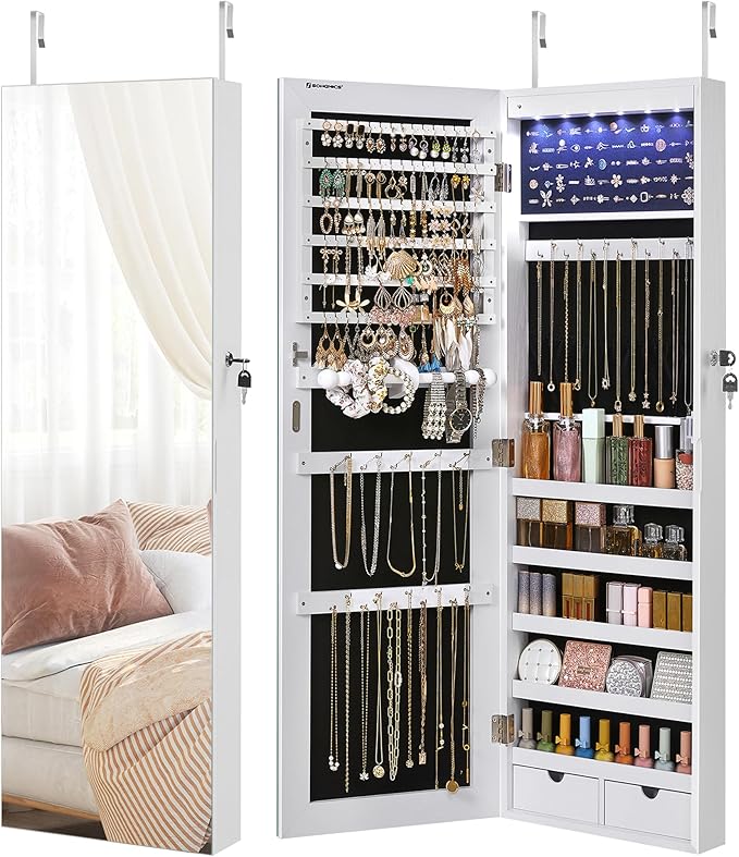 SONGMICS Hanging Jewelry Cabinet, Wall-Mounted Cabinet with LED Interior Lights, Door-Mounted Jewelry Organizer, Full-Leng...