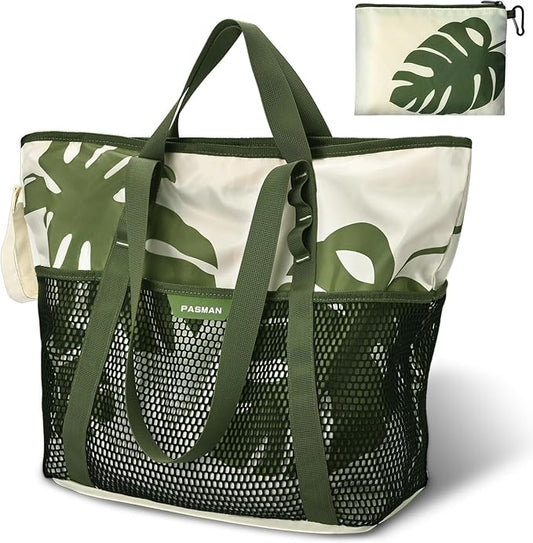 PASMAN Large Beach Bag with Zipper-8 Pockets Sandproof Beach Tote Bag for Women,Foldable Lightweight Family Swim Bag Vacation