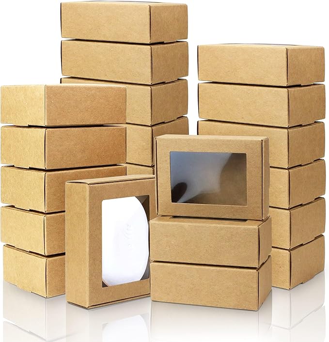 BadenBach 50 PCS Mini Kraft Boxes with Windows,3.33" x 2.35" x 1.18",Small Soap Box for Homemade Soap,Paper Small Gift Box...