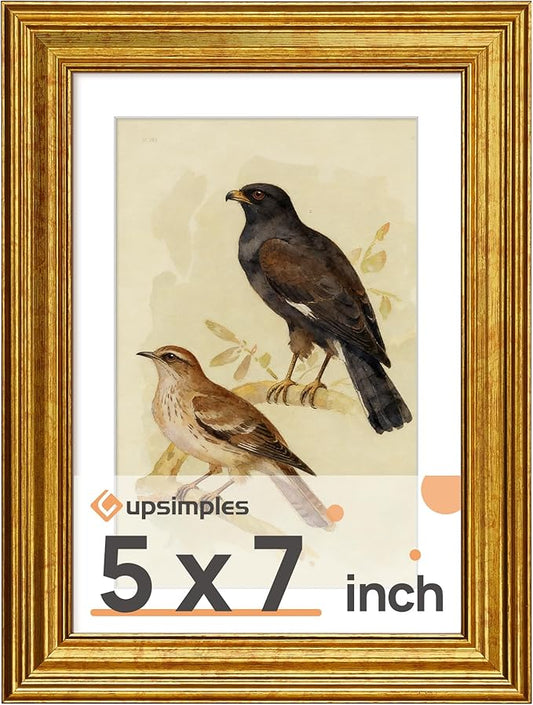 upsimples Vintage 5x7 Picture Frame, Antique Gold Frame Displays 4x6 with Mat or 5 x 7 Without for Wall or Tabletop Decor,...