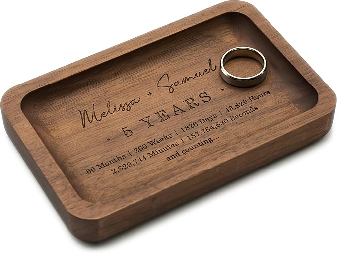 MUUJEE 5 Year Custom Engraved Rec Tray - Personalized Names on Wood Tray Small Jewelry Ring Dish 5 Year Wedding Anniv Gift...