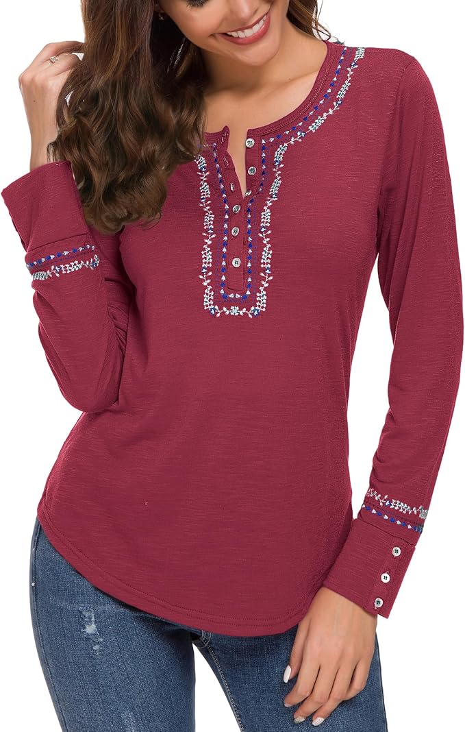 Urban CoCo Women's Long Sleeve Boho Shirt Embroidered Top