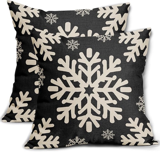 Sivirary Black Christmas Pillow Covers 18x18 Inch Set of 2, Xmas Snowflakes Rustic Winter Themed Decorative Throw Pillow C...