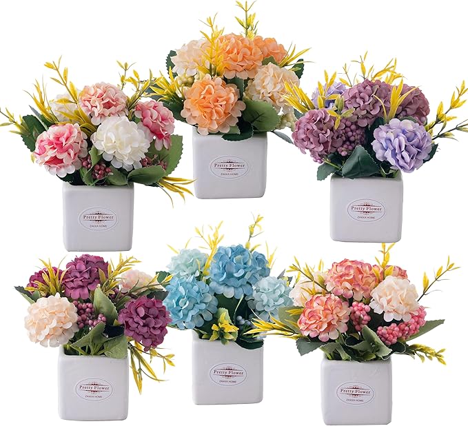 6Pcs Artificial Flowers with Ceramic Pot Small Fake Hydrangea Flowers Arrangements Faux Spring Flowers in Vase Home Spring...