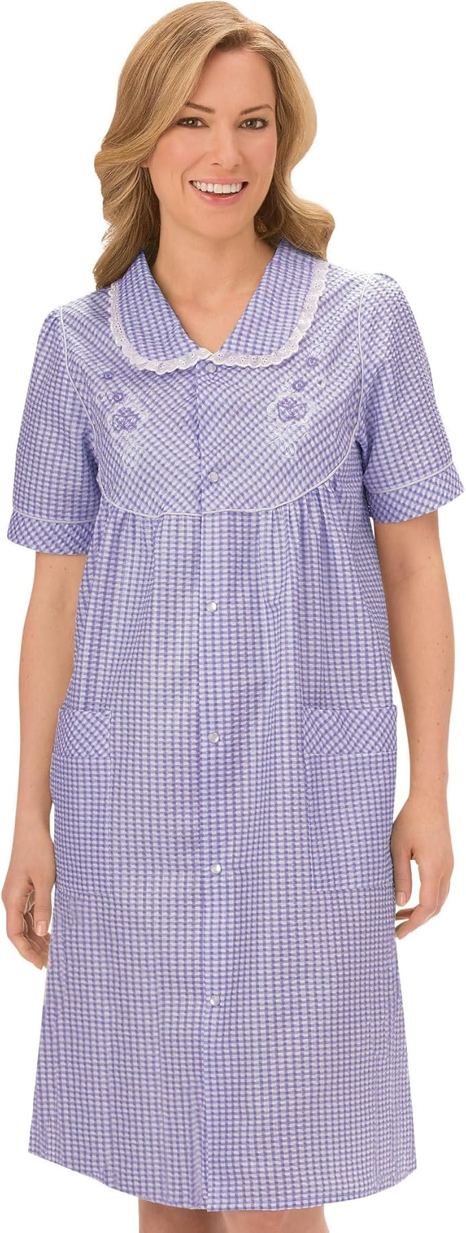 Collections Etc Gingham Robe with Floral Accents, Snap-Front Closure and Lace Trim