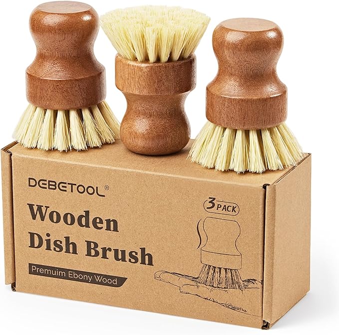 DEBETOOL 3-Pack Wooden Dish Brush - Natural Dish Scrubber & Vegetable Brush with Sisal Bristles, Kitchen Scrub Brush for P...