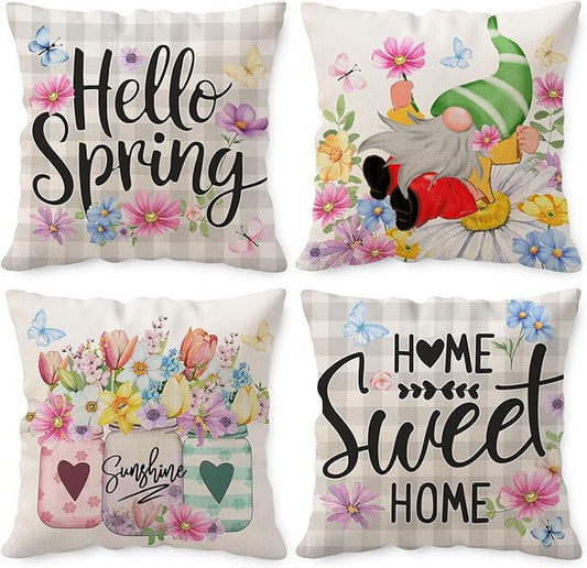 Unibyby Spring Pillow Covers 18x18, Home Sweet Home Outdoor Throw Pillowcase, Farmhouse Floral Home Decor Square Cushion C...