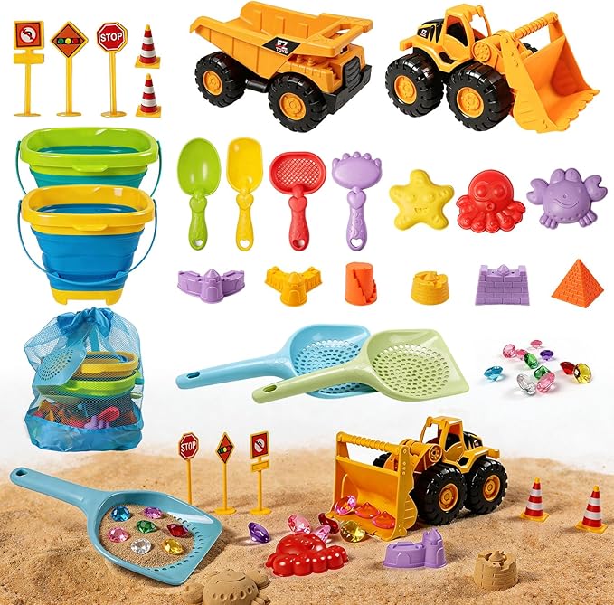 UBeesize 37 PCS Beach Toys , 3-in-1 Construction & Treasure Hunt Sand Toys with 2 Collapsible Buckets, 2 Trucks, Castle Bu...