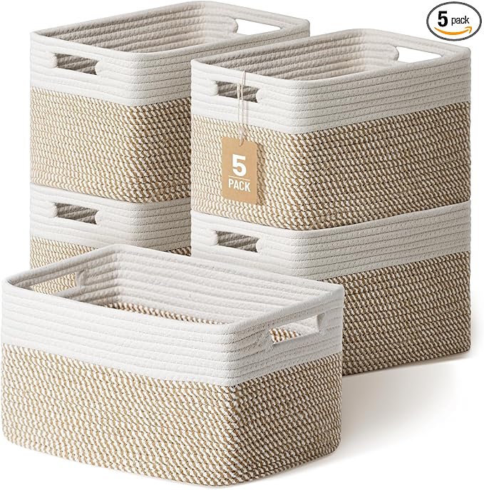 Yilobi 5 Pack Woven Storage Baskets for Shelves, Decorative Basket Organizer Storage Bins for Toys, Books, Clothes, Close...
