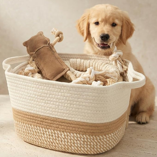 Stylish Cotton Rope Storage Basket For Dog Toys, Magazines or Books - The Perfect Woven Bin with Handles For Everyday Orga...