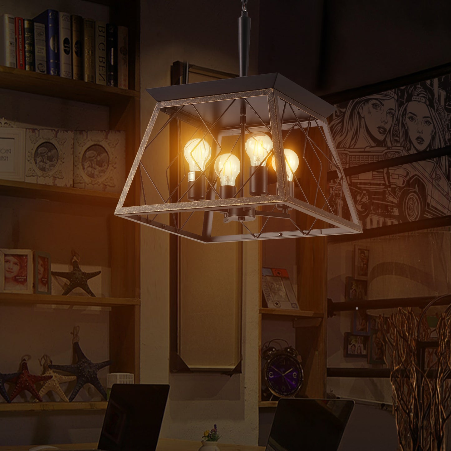 Same As W1340111204 L1010 16  Black Gold Industrial 4-Light Pendant Chandelier, Modern Metal Cage Design, Adjustable Hanging Light For Dining Room, Kitchen, Living Room No Bulbs