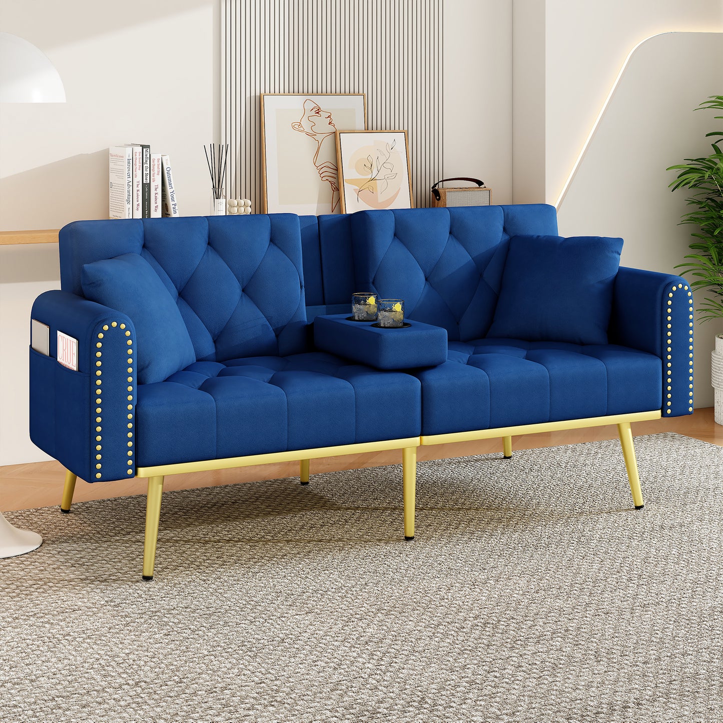 Double Fold Out Sofa Bed With Reclining Function, Three Adjustable Tilt Angles And Cup Holder. Suitable For Living Room, Bedroom, Home Theater Or Guest Room. Fabric Cover,Blue