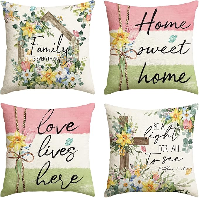 AVOIN colorlife Spring Home Sweet Home Family is Everything Floral Throw Pillow Covers, 18 x 18 Inch Cross Flowers Cushion...