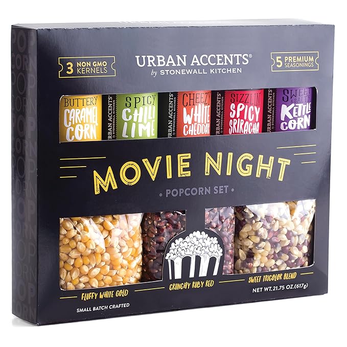 Urban Accents Movie Night Popcorn Gift Set – Includes 3 Gourmet Popcorn Kernel Varieties & 5 Flavorful Seasonings – Perfec...