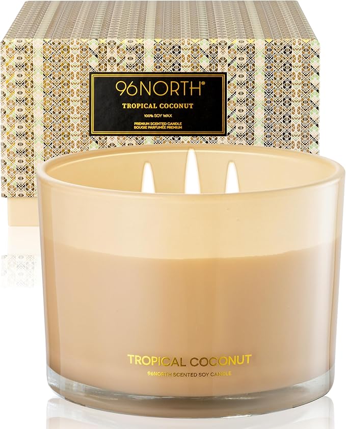96NORTH Luxury Coconut Soy Candle | Large 3 Wick Jar Candle | Up to 50 Hours Burning Time | Tropical Beach Scented Candles...