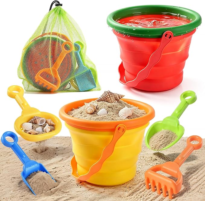 Collapsible Beach Toys for Kids,2 Packs Foldable Silicone Sand Buckets Set with 4 Packs Sand shovels and Mesh Bag,Travel B...