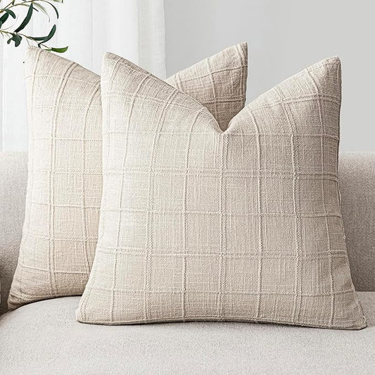 Foindtower Set of 2 Decorative Linen Check Throw Pillow Covers Neutral Farmhouse Vintage Cushion Covers Modern Boho Home D...