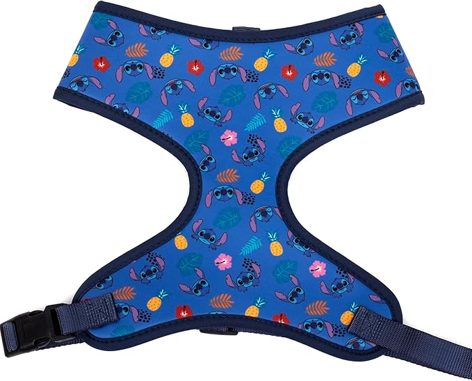 Disney Plastic Buckle Pet Harness, Lilo and Stitch Poses and Icons Scattered Blues Black, Fits 11" Neck and 13-17" Chest