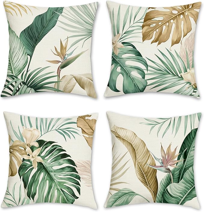 Bonhause Tropical Leaves Throw Pillow Covers 18 x 18 Inch Green Brown Leaf Decorative Pillow Cases Polyester Linen Outdoor...