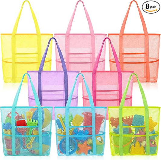 Kinlop 8 Pcs Mesh Beach Bag, Large Beach Tote Bags with Zipper, Waterproof Sandproof with 8 Pockets for Family Travel Vaca...
