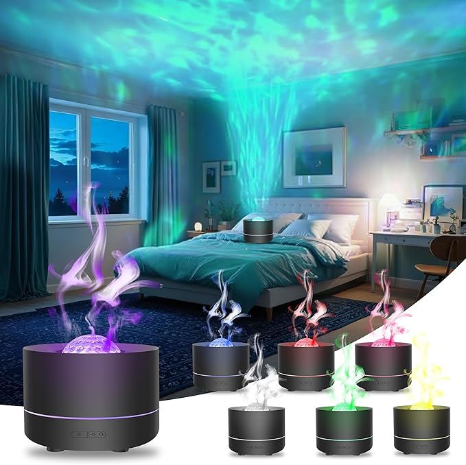 Essential Oil Diffuser, Fire Flame Aromatherapy Diffuser with 7 Colours LED Projection, 200ml Cool Mist Humidifier, Oil Di...