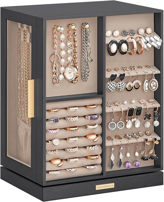 SONGMICS Jewelry Box 360° Rotating, Jewelry Storage Case with 5 Drawers, Jewelry Organizer, Glass Window, Spacious, Vertic...