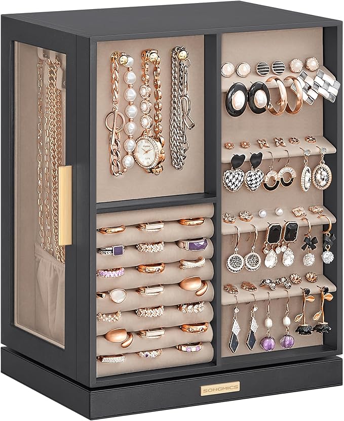 SONGMICS Jewelry Box 360° Rotating, Jewelry Storage Case with 5 Drawers, Jewelry Organizer, Glass Window, Spacious, Vertic...