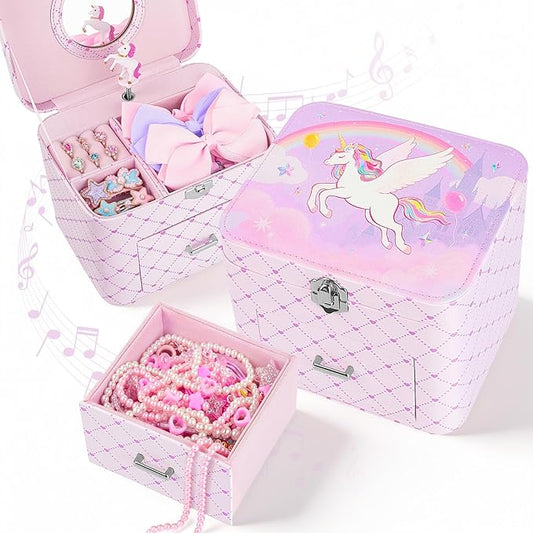 Basumee Musical Jewelry Box for Girls PU Leather Music Box with Drawer Large Kids Jewelry Organizer with Unicorn/Ballerina...