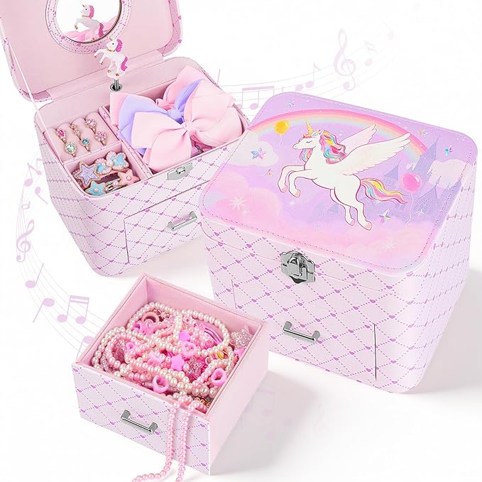 Basumee Musical Jewelry Box for Girls PU Leather Music Box with Drawer Large Kids Jewelry Organizer with Unicorn/Ballerina...
