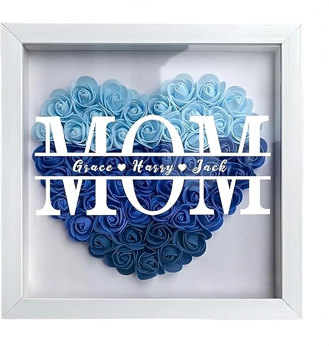 CUSTNEY Mom Flower Shadow Box with LED Light Personalized Light Up Flower Shadow Box Frame with Kid's Name for MOM Grandma...