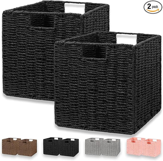 Vagusicc Wicker Storage Basket, Set of 2 Hand-Woven Wicker Basket, Foldable Cube Storage Bin, Black Storage Basket, Square...