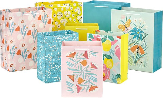 Hallmark Spring Gift Bags in Assorted Sizes (8 Bags: 4 Medium 9", 4 Large 13") Florals, Lemons, Teal, Pink and Yellow for ...