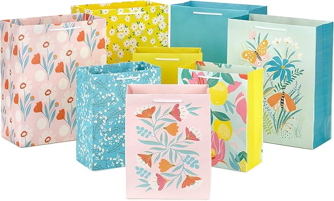Hallmark Spring Gift Bags in Assorted Sizes (8 Bags: 4 Medium 9", 4 Large 13") Florals, Lemons, Teal, Pink and Yellow for ...