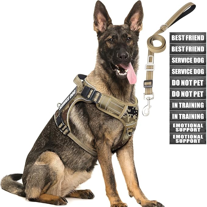 MOOGROU Tactical Dog Harness and Leash Set for Large Dogs,Heavy Duty No Pull Service Dog Vest and 10 Patches with Dog Seat...