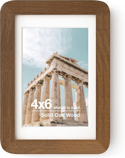 FLYJOE 4x6 Solid Oak Wood Picture Frame | 4x6 With Mat For 3.5x5 | Plexiglas Hanging Hardware Included | Walnut, 1 Pack