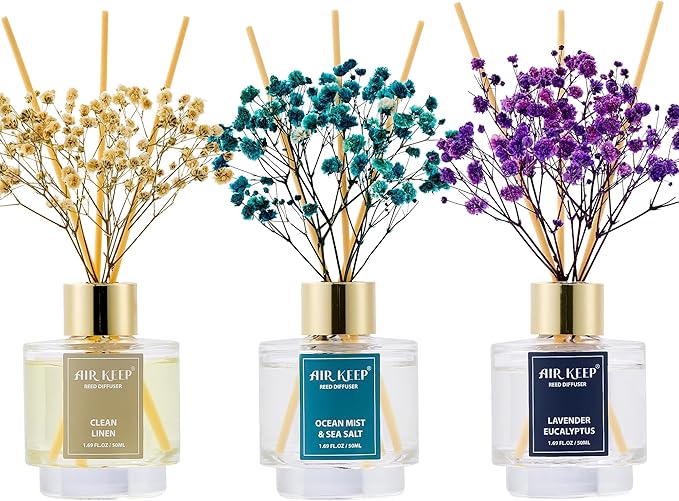 Airkeep Reed Diffuser Set of 3,Clean Linen Ocean Mist&Sea Salt Lavender Eucalyptus Oil Reed Diffusers for Bedroom Living R...