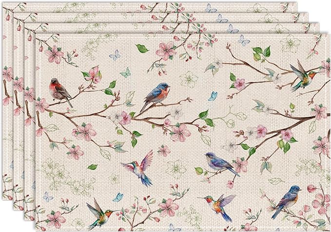 Cusugbaso Spring Placemats Set of 4 12x18 inch for Dinning Table - Floral Bird Branch Spring Decor for Party, Dinner - Far...