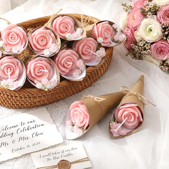 Conelist 20 Pcs Pink Rose Wedding Candles for Guests Mini Flower Shaped Candles Bouquet Floral Tealight Bulk Table Decor G...