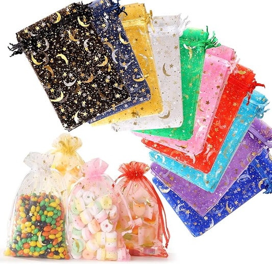 ENNIYU 100 Pieces Moon Star Organza Jewelry Candy Bags, 3x4inch Random Colors Mesh Bags, Organza Favor Gift Pouches with D...