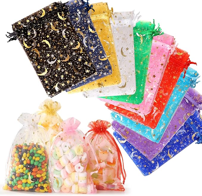 ENNIYU 100 Pieces Moon Star Organza Jewelry Candy Bags, 3x4inch Random Colors Mesh Bags, Organza Favor Gift Pouches with D...