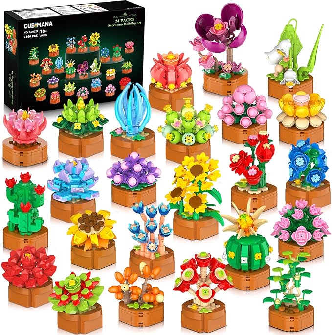 CUBIMANA 24 Pack Mothers Day Flowers Succulents Building Set - 2160PCS Botanical Collection 3.6MM Mini Flower Kit for Home...