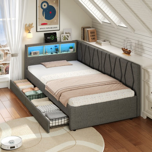 3ft Single Daybed With Two Storage Drawers, LED Modern Bed Frame With Charging Station, Linen Sofa Bed For Living Room Bedroom Study Room, 90X190cm, Easy Assembly, Grey