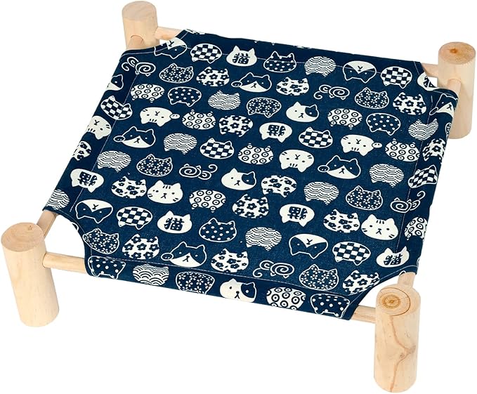 Patas Lague Pet Bed, Small, Elevated Cooling Hammock Bed, Wood, 19x19x5 inches, 20 lbs, Blue Cat, Indoor/Outdoor, Square, ...