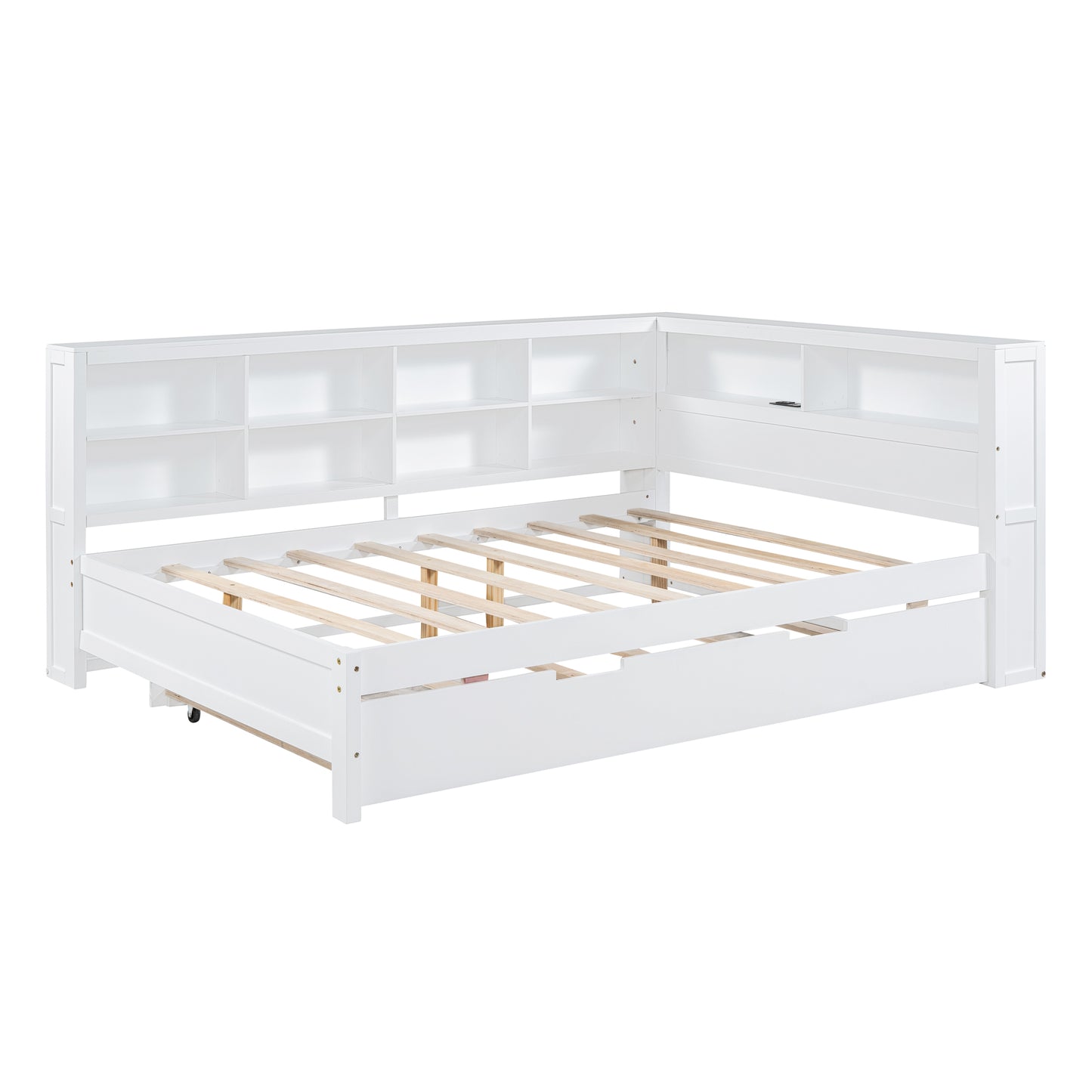 Wooden Full Size DayBed With Twin Size Trundle, DayBed With Storage Shelf And USB Charging Ports,White