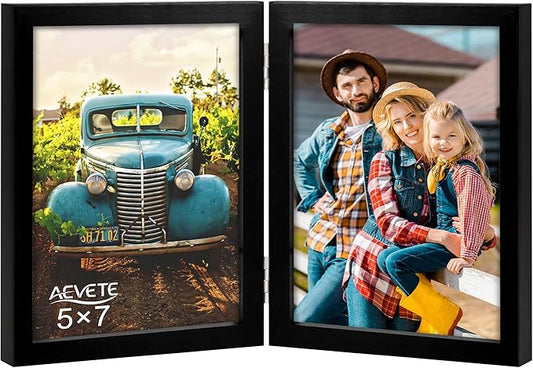 AEVETE 5x7 Picture Frames Double Hinged Wood Folding Photo Frames Vertical with Plexiglass Front, Black