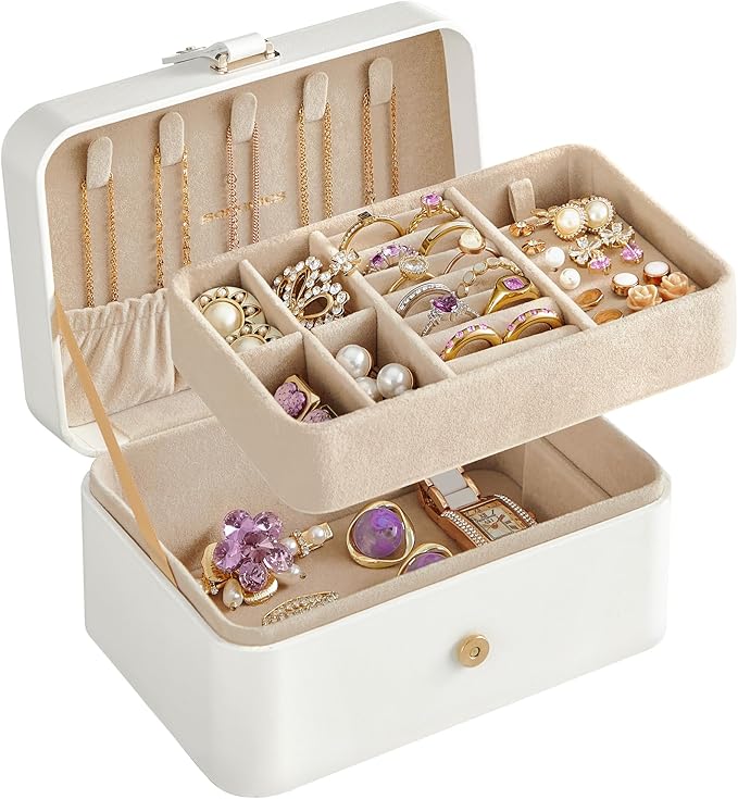 SONGMICS Jewelry Organizer Box, Travel Jewelry Case, 2-Layer Travel Case for Earrings, Necklaces, Bracelets - Portable Jew...