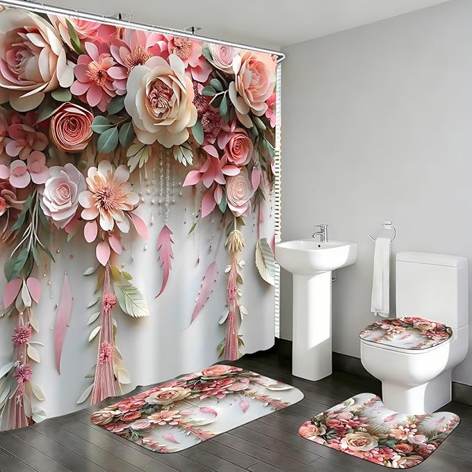 DDQQ Pink Flower Bathroom Shower Curtain Set, Romantic and Cute Rose Floral Polyester Bathroom Decor Set with Shower Curta...