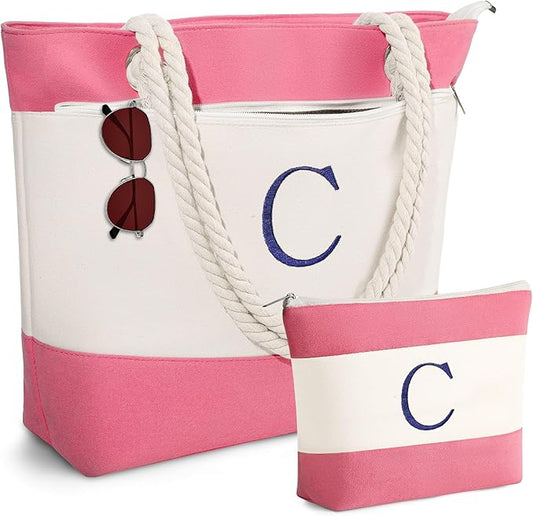 YOOLIFE Beach Bags for Women - Initial Canvas Waterproof Beach Tote Bag, Mothers Day Gifts for Women Mom Wife Friend
