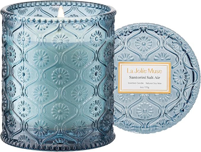 LA JOLIE MUSE Santorini Salt Air Candle - Bergamot, Sea Daffodil, Sandalwood | 6 oz Natural Soy Wax | 40 Hours Clean Burn...