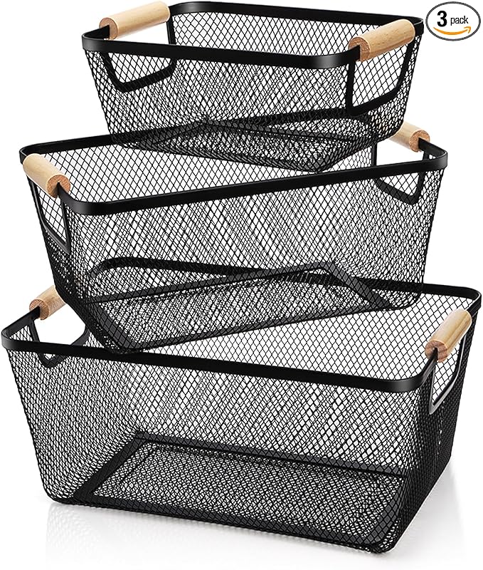 Noamus 3 Pack Metal Mesh Basket with Wooden Handle, Farmhouse Wire Steel Storage Bins, Rectangle Fruit Vegetable Organizer...